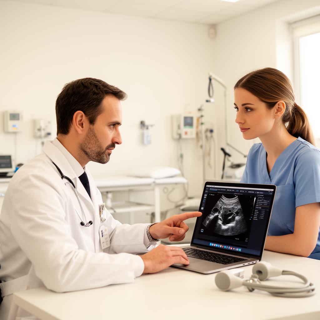 Doctor and physiotherapist reviewing ultrasound findings together